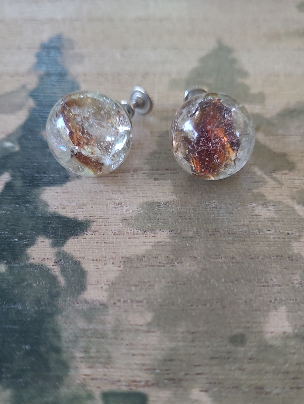 Amber-Inlay Glass Screwback Earrings - Clear and Brown